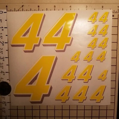 Yellow w/white & lavender  #4's  Racing Numbers Vinyl Decal Sheet 1/10-1/12  - Image 1 of 4