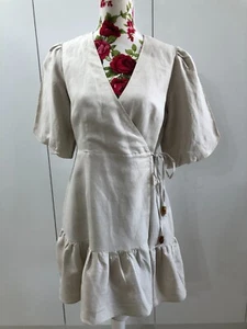 BRAND NEW - STAPLE THE LABEL BEIGE LINEN BLEND SHORT SLEEVE WRAP DRESS SIZE 10 - Picture 1 of 8