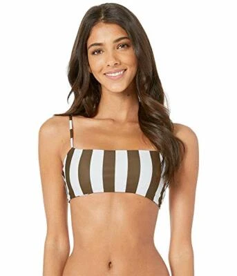 MIKOH SWIMWEAR L5203 Kumu Bikini Top in Retro Stripe Olive Size M - Image 1 of 2