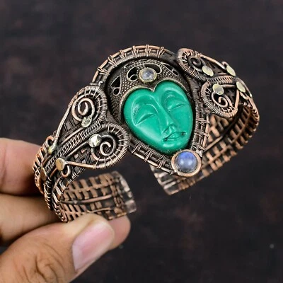 Green Carved Face Copper Valentine Gift Wire Wrapped Adjustable Cuff - Изображение 1 из 4