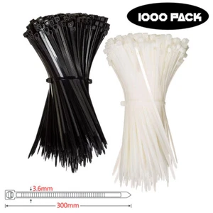 1000 Pack 12" Inch Nylon Plastic Cable Zip Ties 40lbs 300mm Wire Tie Wrap Straps - Picture 1 of 13