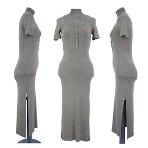 Asos Maxi T Shirt Dress Y2K Grey Ribbed Jersey Round Neck Buttons Side Slits UK6 - Picture 1 of 12