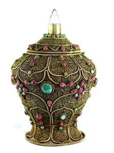 Filigree Full Gold Plated Tibetan Copper Gulpa Jar Buddhist Nepal Crystal Quartz - Picture 1 of 2