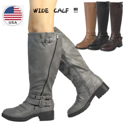 Женщин низкий каблук колена сапоги стороны молнии меха с подкладкой езды ботинки шириной икры - Изображение 1 из 2