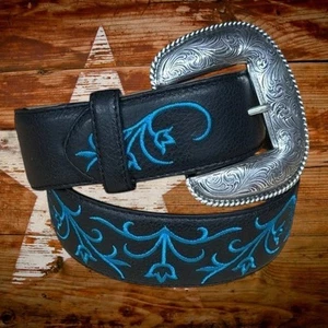 Tony Lama Prairie Floral Schwarz Aqua Bestickt Leder Western Gürtel Gr. 30 Neu - Bild 1 von 12