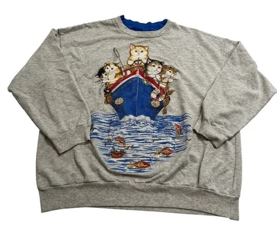 Ediciones Básicas Vintage Gatitos Pesca Cuello Redondo en Gris Azul Foto 1 de 4