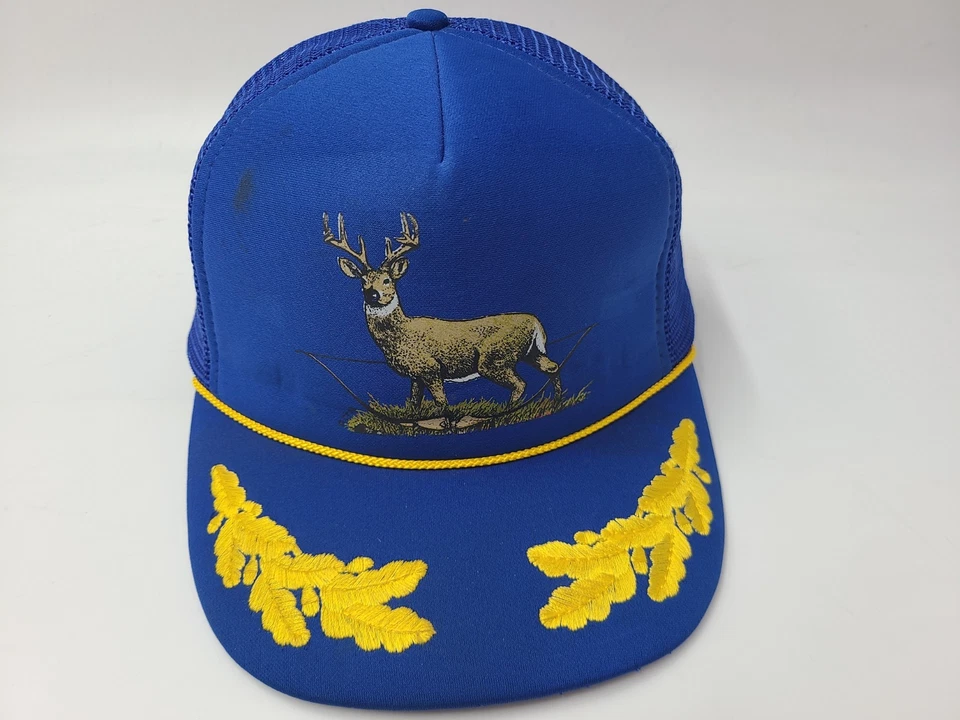 De colección Ciervo Alce Huevos Revueltos Hojas Doradas Malla Camionero Snapback Sombrero Gorra Azul Foto 1 de 4