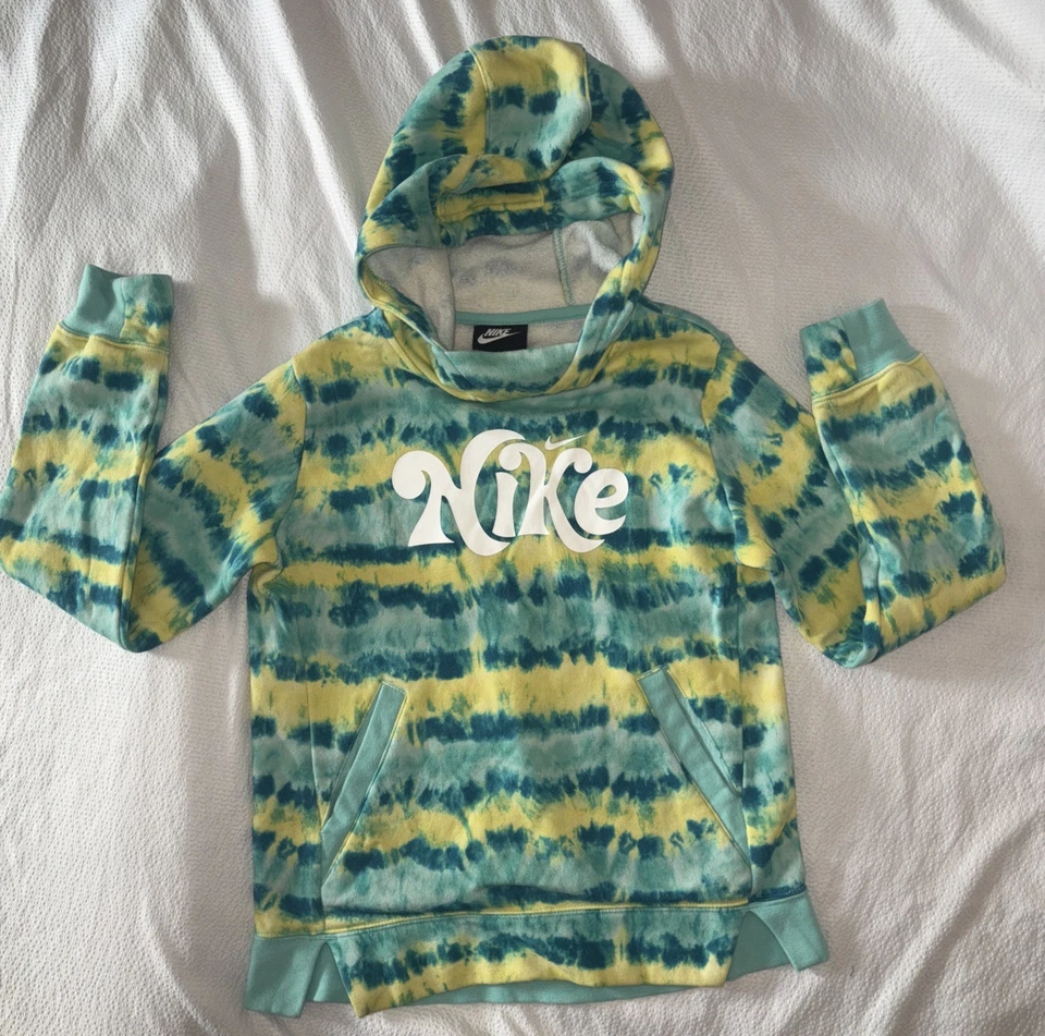 Nike Girls Tie-Dye Blue Yellow Logo Hoodie Sweatshirt Size Youth Medium - Image 1 of 4
