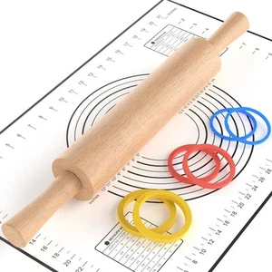 Classic Wooden Rolling Pin with Handle and Pastry Mat for Fondant, Pizza, Pie... - Picture 1 of 8