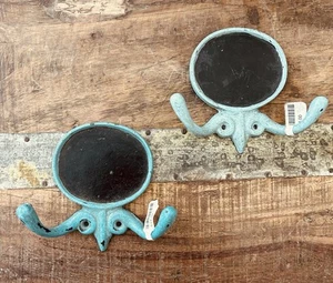 New Anthropologie Chalkboard Double Hooks Turquoise Cast Brass Home Decor 2 - Picture 1 of 2
