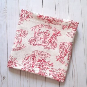 Vintage 70's Cartoon History Fabric Plymouth Rock Boston Tea Party Red 7/8 yard - Picture 1 of 6