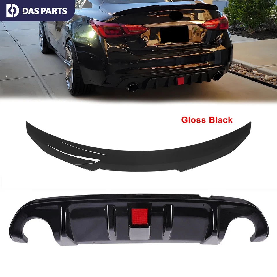 Rear Bumper Diffuser & Rear Spoiler Glossy Black Fit for 2014-2017 Infiniti Q50 Foto 1 de 4
