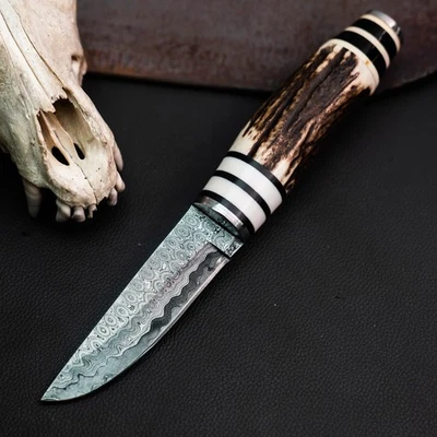 Gift-Ready 8.1" Damascus / Steel Knife Full Tang Hunt it Hunt + Leather Sheath - Image 1 of 4