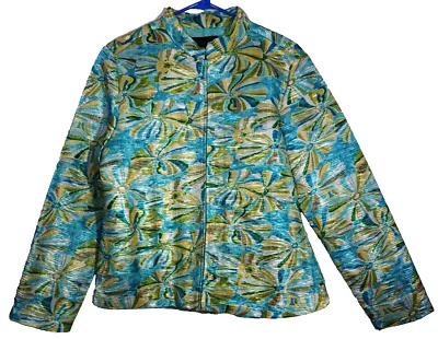 Jaqueta SILK LAND Feminina Grande Linda Azul Turquesa Estampa Floral Forrada Excelente Estado Usado - Imagem 1 de 4