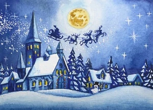 Tableau aquarelle hiver neige Noël Père Noël traîneau rennes ACEO art n°350 - Photo 1/2