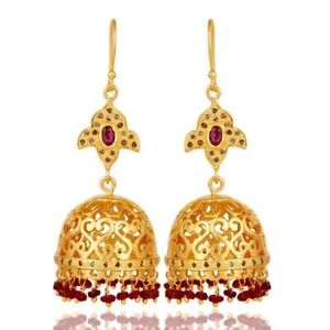 Pave Diamond Ruby Gemstone 925 Silver Wedding Jhumka Jhumki Earrings Jewelry