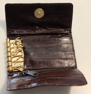 Vintage Eel Skin Trifold Key Case & Zipper Pocket Dark Brown 3 3/4" x 2 1/2" - Picture 1 of 5