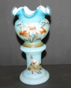 ANTIQUE LIGHT BRISTOL BLUE OPALINE MILK GLASS VASE - HAND PAINTED FLORAL DESIGN - Picture 1 of 6