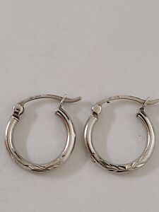 14k White Gold Hoop Earrings Diamond Cut Design 15mm Round By 2mm Thick