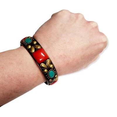 Vintage Boho Resin Turquoise Jasper Look Brass Gold Brass Metal Bangle Bracelet  - Image 1 of 3