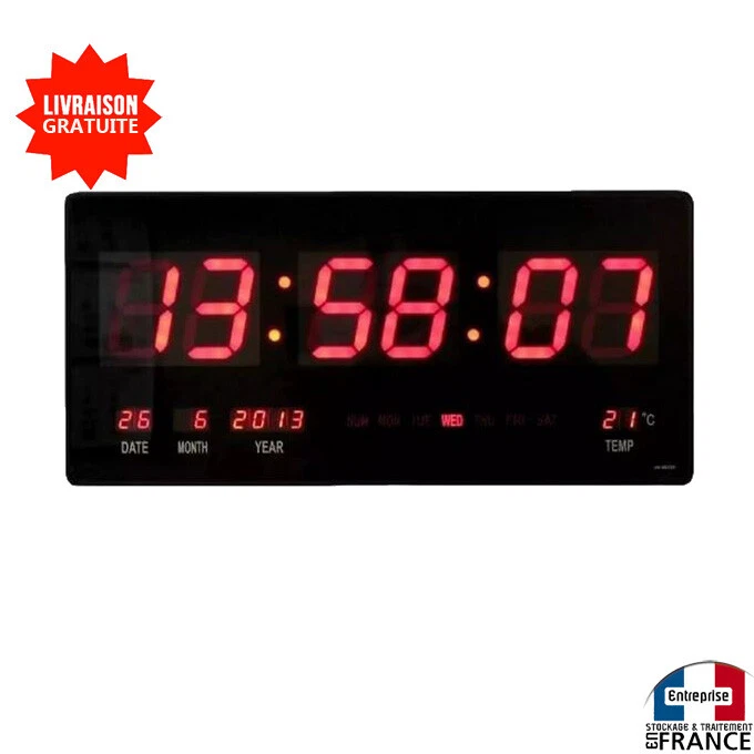 Horloge Murale A Affichage Digitale Avec LED ROUGE Rectangulaire Heure de Bureau - Photo 1/1