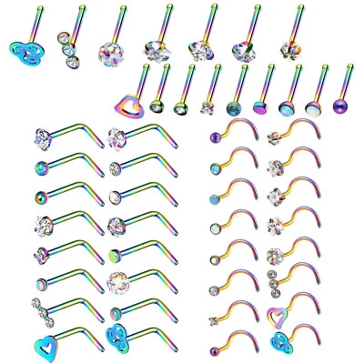 16-48pcs CZ/Opal Nose Rings Bone L Screw Studs Kit Surgical Steel Piercing 20G - Image 1 of 4