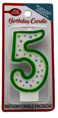 Velas numéricas Betty Crocker #5 vela para pastel de cumpleaños blanca con verde 3 pulgadas Foto 1 de 2