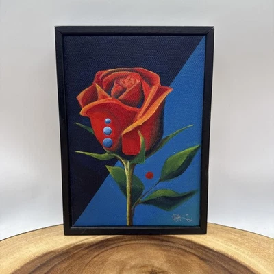 Original Acrylic Framed Canvas Red Rose Blue Background Painting 5”x7” Sign BKO - Image 1 of 4