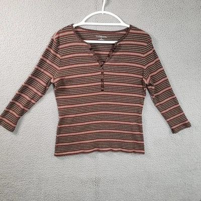 Camiseta Croft Barrow Henley Feminina Grande Listra Marrom Manga 3/4 Retrô Estilo Y2K - Imagem 1 de 4