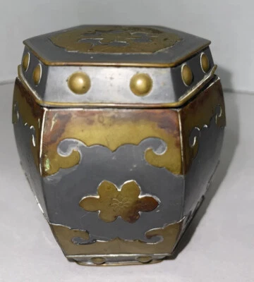Tea Caddy Pewter Box Brass Overlay Dragons Bird Antique Chinese Republic Era 4” - Image 1 of 4