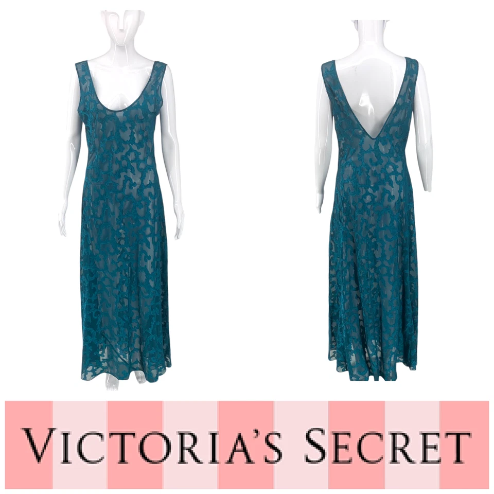 Camisón largo vintage Victoria's Secret verde azulado Burnout etiqueta corona dorada talla L Foto 1 de 4