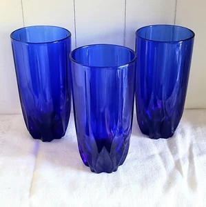 Set Of 3 Cristal D'Arques "Fire and Ice" Cobalt Blue Glass Tumblers 6 1/4" - Picture 1 of 4