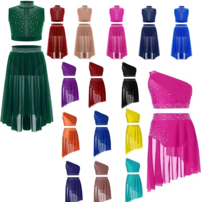 UK Girl's 2 Piece Lyrical Costume Ballet Rhinestones Crop Top Mesh Leotard Skirt - Image 1 of 4