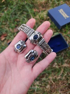 New Silver Tone Faux Blue Saphire Bangle Bracelet Pierced Earrings Set READ - Picture 1 of 17
