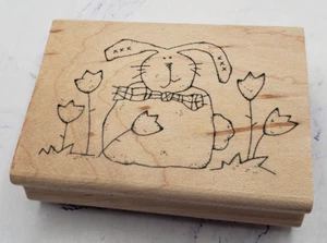 Easter Bunny With In Tulip Patch Inky Antics Wood Mounted Rubber Stamp - Picture 1 of 7