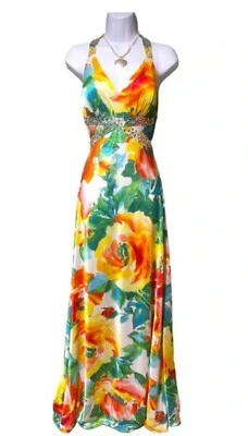 Morgan & Co Dress Women's Small Bright Floral Backless Beaded Trim Maxi Dress - Image 1 of 4