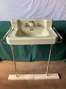 Vtg Mid Century Buttercream Yellow Bath Wall Sink Chrome legs Towel Bars 170-24E - Picture 1 of 20