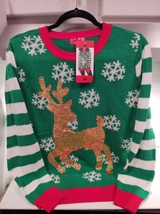 Ugly Christmas Sweater Changing Gold And Silver Sequins Reindeer Holiday NWT - Picture 1 of 12