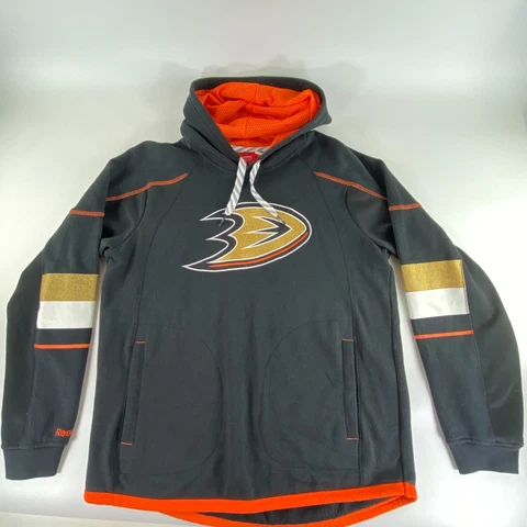 Anaheim Ducks Reebok NHL Hockey Hoodie Black Orange Gold White Striped Mens L Cover