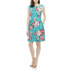 NWT JESSICA HOWARD TURQUOISE GREEN PINK FLORAL FLARE DRESS SIZE 10P $98 - Picture 1 of 7