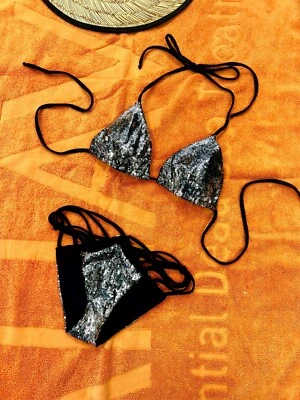 Hale Bob Bikini Set Swimsuit Sparkly Sequined Black & Sil XS 2SUN9137 - 9138 - Image 1 of 2