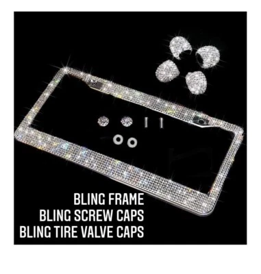 1 White Diamond CRYSTAL License Plate Frame + Bling Tire Cap Made with Swarovski - Image 1 of 4