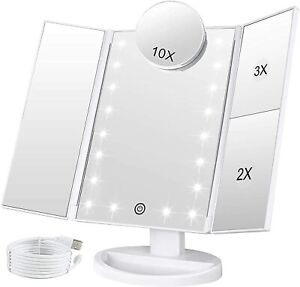 Miroir Maquillage 3 Volets Lumineux 22 LED Grossissant x2 x3 x10 Portable Blanc