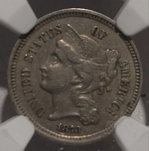 1873 Open 3 3 Cent Nickel AU 55 NGC graded - Picture 1 of 5