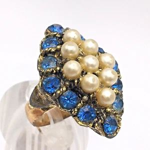 Vintage Blue Crystal Faux Pearl Cocktail Ring Size 6.5 Adjustable *AS IS* - Picture 1 of 6