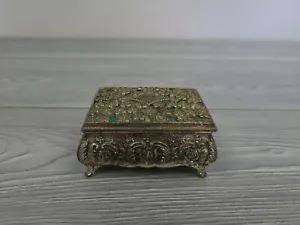 Vintage Silver Metal & Blue Floral Trinket Secret Box Hinged Lid Japan Art... - Picture 1 of 8