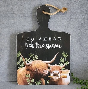 Highland Cow Black Cutting Serving Board Wall Decor Lick The Spoon 15" Wood NEW - Picture 1 of 4