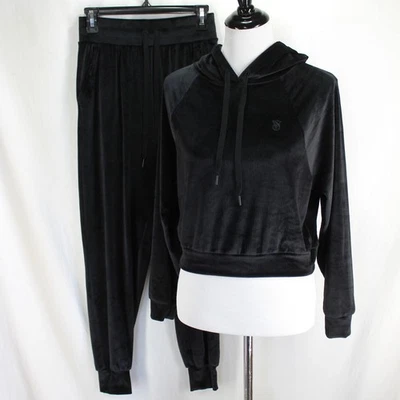 Victorias Secret Velour Lounge Set Talla XS Negro Recortado Sudadera con Capucha Pantalones Jogger Foto 1 de 4