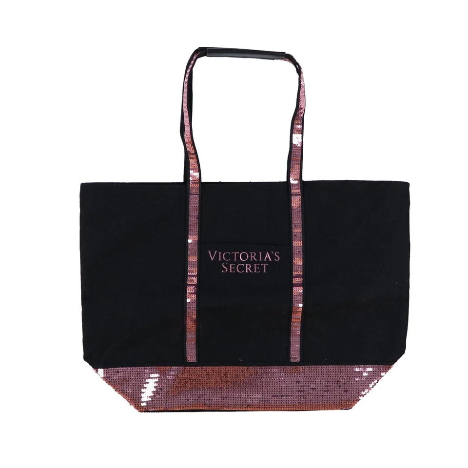 Victoria's Secret Bling Pink Sequin Sparkle Black Tote Bag