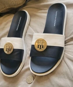 Tommy Hilfiger Black White Slides Sandals Shoes Women's 6 1/2M TWSOXY-T 141 0421 - Picture 1 of 10